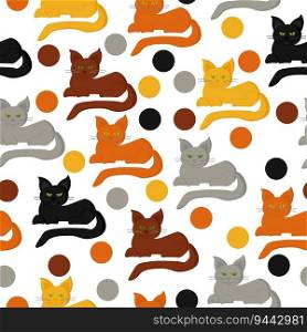 Cats seamless pattern, assorted cats and colorful dots on a white background vector illustration
