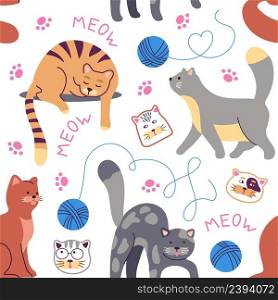 Cats seamless pattern. Baby style cat, cute animal drawing. Creative childish wallpaper, kittens and thread ball. Art doodle print for textile, vector background. Illustration of animal cat seamless. Cats seamless pattern. Baby style cat, cute animal drawing. Creative childish wallpaper, funky kittens and thread ball. Art doodle print for textile, decent vector background