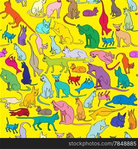 Cats seamless pattern, hand drawn doodle illustration of a series of funny animals over yellow background
