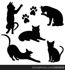  Cats silhouettes set vector illustration. Shadow pet sleeps, sits, plays, stands collection. Abstract image black cats
