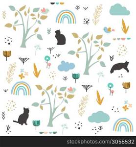 Cats vector and spring pattern