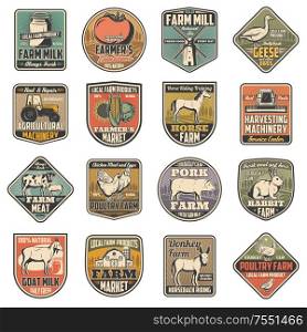 Cattle and poultry farming, food and meat production farm icons. Vector cow dairy production, wheat mill and barn, farmer vegetables harvest tractor, rabbit and chicken, donkey and horse on field. Farm agriculture, dairy and cattle farming
