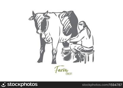 Cattle concept sketch. Woman milking grown cow. Taking care of farm animals, livestock, dairy farm. Getting fresh organic milk. Working with domestic animals. Isolated vector illustration. Cattle concept sketch. Isolated vector illustration