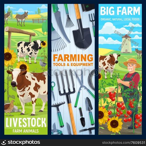 Cattle farm and gardening agriculture, vector banners. Farmer equipment tools for planting and harvesting, cattle farm animals livestock, cow and donkey, poultry birds chicken and goose. Cattle farm animals, farmer gardening tools banner