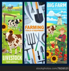 Cattle farm and gardening agriculture, vector banners. Farmer equipment tools for planting and harvesting, cattle farm animals livestock, cow and donkey, poultry birds chicken and goose. Cattle farm animals, farmer gardening tools banner