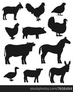 Cattle farm animals and birds, vector black silhouette icons. Cattle farm cow, isolated sheep and quail bird, goat and turkey, chicken rooster and goose or duck, calf and donkey, pig and horse. Cattle farm animals and birds silhouettes