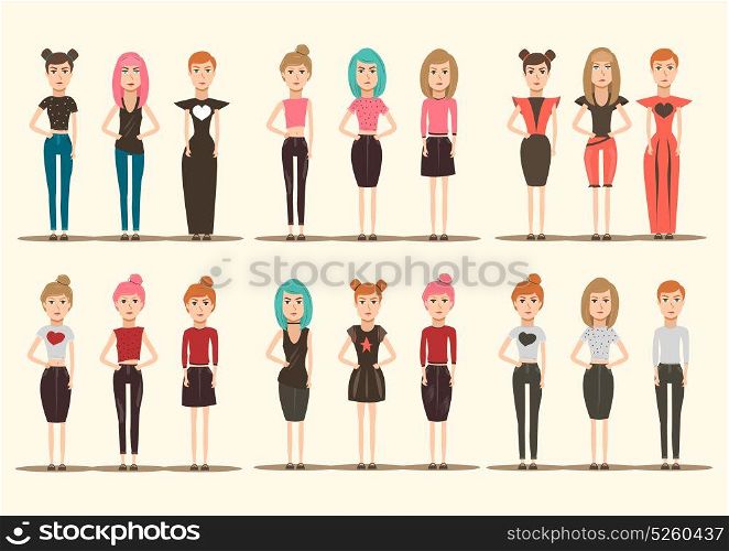 Catwalk Models Characters Collection. Catwalk fashion models female flat characters set with different hair and clothes style isolated with shadows vector illustration