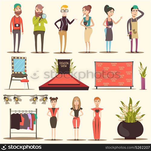 Catwalk Show Elements Collection. Catwalk fashion set flat elements of special event with red carpet podium clothes and people characters vector illustration