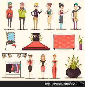 Catwalk Show Elements Collection. Catwalk fashion set flat elements of special event with red carpet podium clothes and people characters vector illustration