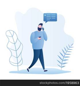 Caucaisan male hipster with coffee cup and smartphone,guy talking on a cell phone,trendy style vector illustration