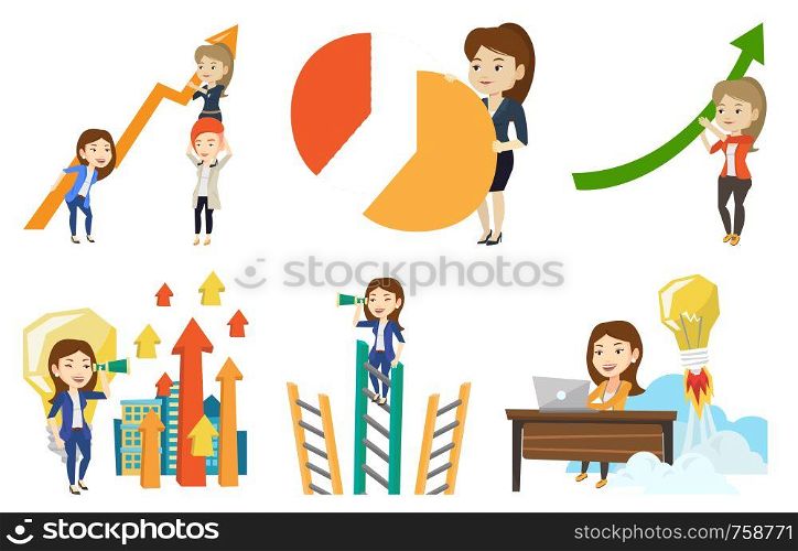 Caucasain business women holding growth graph. Cheerful business team with growth graph. Concept of business growth and teamwork. Set of vector flat design illustrations isolated on white background.. Vector set of business characters.
