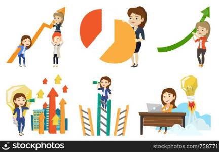 Caucasain business women holding growth graph. Cheerful business team with growth graph. Concept of business growth and teamwork. Set of vector flat design illustrations isolated on white background.. Vector set of business characters.