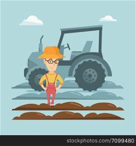 Caucasain happy farmer in summer hat standing on the background of tractor preparing land. Young smiling farmer standing in field in front of tractor. Vector flat design illustration. Square layout.. Farmer standing with tractor on background.