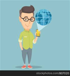 Caucasian adult man holding a smartphone with a model of the planet earth coming out of the device. International technology communication concept. Vector flat design illustration. Square layout.. International technology communication.