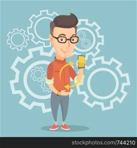Caucasian adult man showing his smartphone and smart watch on the background of cogwheels. Concept of synchronization between smartwatch and smartphone. Vector flat design illustration. Square layout.. Synchronization between smartwatch and smartphone.