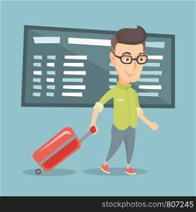 Caucasian adult passenger with suitcase walking on the background of schedule board at the airport. Man pulling suitcase at the airport. Vector flat design illustration. Square layout.. Man walking with suitcase at the airport.