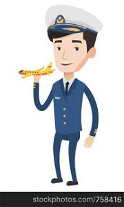 Caucasian airline pilot holding a model airplane in hand. Cheerful airline pilot in uniform. Confident pilot. Pilot with model airplane. Vector flat design illustration isolated on white background.. Cheerful airline pilot with model airplane.