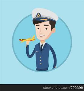 Caucasian airline pilot holding a model airplane in hand. Cheerful airline pilot in uniform. Happy confident pilot model airplane. Vector flat design illustration in the circle isolated on background.. Cheerful airline pilot with model airplane.