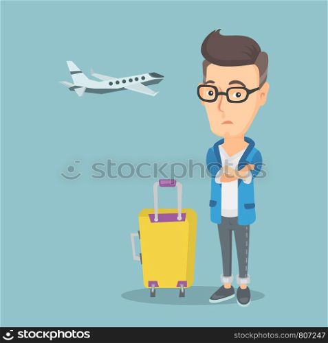 Caucasian airplane passenger frightened by future flight. Man suffering from fear of flying. Terrified passenger with suitcase waiting for a flight. Vector flat design illustration Square layout. Man suffering from fear of flying.