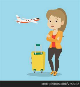Caucasian airplane passenger frightened by future flight. Woman suffering from fear of flying. Terrified passenger with suitcase waiting for a flight. Vector flat design illustration Square layout.. Young woman suffering from fear of flying.