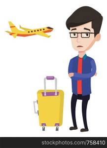 Caucasian airplane passenger frightened by future flight. Young man suffering from fear of flying. Terrified passenger with suitcase waiting for a flight. Vector flat design illustration Square layout. Young man suffering from fear of flying.