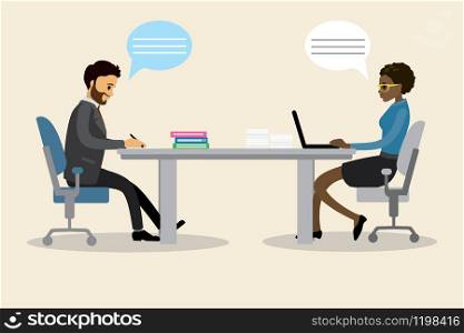 Caucasian and african american business people are sitting at the workplace,office work concept,flat vector illustration