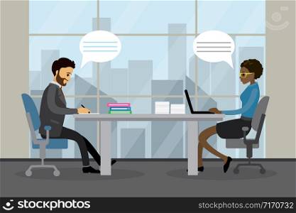 Caucasian and african american business people are sitting at the workplace,office work concept,flat vector illustration