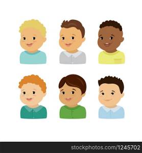 Caucasian and african american kids faces,set of different beauty boys characters,isolated on light background,vector illustration