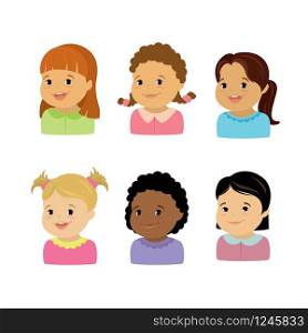 Caucasian and african american kids faces,set of different beauty characters,isolated on light background,vector illustration
