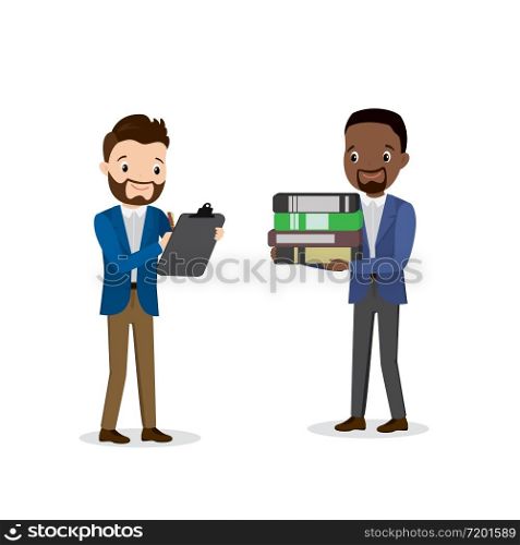 Caucasian and african american office workers or businessmen,isolated on white background,flat vector illustration