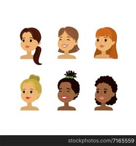 Caucasian and african american woman faces,set of different beauty characters,isolated on white background,vector illustration