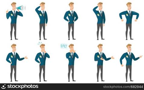 Caucasian angry bridegroom screaming. Full length of angry bridegroom clenching fists. Angry bridegroom shouting with raised fists. Set of vector flat design illustrations isolated on white background. Vector set of illustrations with groom character.