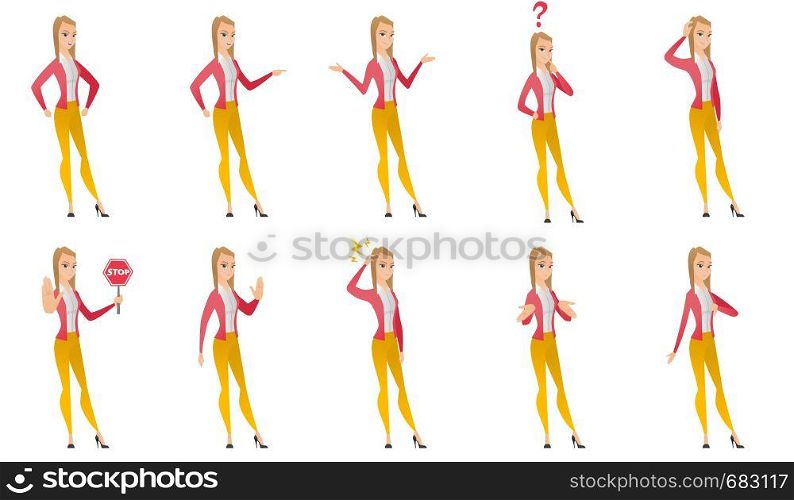 Caucasian angry business woman screaming. Young angry business woman clenching fists. Angry woman shouting with raised fists. Set of vector flat design illustrations isolated on white background.. Vector set of illustrations with business people.