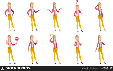 Caucasian angry business woman screaming. Young angry business woman clenching fists. Angry woman shouting with raised fists. Set of vector flat design illustrations isolated on white background.. Vector set of illustrations with business people.