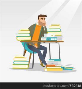 Caucasian annoyed student studying hard before the exam. Young angry student studying with textbooks. Bored hipster student studying in the library. Vector flat design illustration. Square layout.. Student sitting at the table with piles of books.