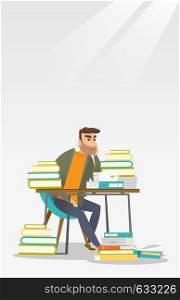 Caucasian annoyed student studying hard before the exam. Young angry student studying with textbooks. Bored hipster student studying in the library. Vector flat design illustration. Vertical layout.. Student sitting at the table with piles of books.