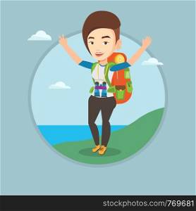 Caucasian backpacker standing on the cliff and celebrating success. Young happy backpacker with raised hands enjoying the scenery. Vector flat design illustration in the circle isolated on background.. Backpacker with her hands up enjoying the scenery.