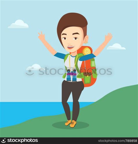 Caucasian backpacker with backpack and binoculars standing on the cliff and celebrating success. Happy backpacker with raised hands enjoying the scenery. Vector flat design illustration. Square layout. Backpacker with her hands up enjoying the scenery.