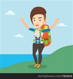 Caucasian backpacker with backpack and binoculars standing on the cliff and celebrating success. Happy backpacker with raised hands enjoying the scenery. Vector flat design illustration. Square layout. Backpacker with her hands up enjoying the scenery.