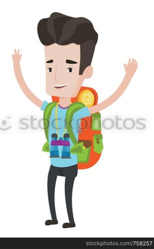 Caucasian backpacker with backpack and binoculars standing with raised hands. Backpacker celebrating success. Backpacker during trip. Vector flat design illustration isolated on white background.. Backpacker with hands up vector illustration.