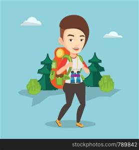 Caucasian backpacker with backpack and binoculars walking outdoor. Backpacker hiking in the forest during summer trip. Backpacker traveling in nature. Vector flat design illustration. Square layout.. Woman with backpack hiking vector illustration.
