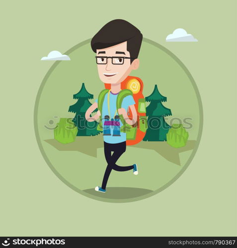 Caucasian backpacker with backpack and binoculars walking outdoor. Cheerful backpacker running. Backpacker during summer trip. Vector flat design illustration in the circle isolated on background.. Man with backpack hiking vector illustration.