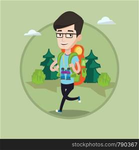 Caucasian backpacker with backpack and binoculars walking outdoor. Cheerful backpacker running. Backpacker during summer trip. Vector flat design illustration in the circle isolated on background.. Man with backpack hiking vector illustration.