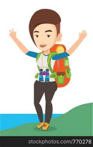 Caucasian backpacker with backpack standing on the cliff and celebrating success. Happy backpacker with raised hands enjoying the scenery. Vector flat design illustration isolated on white background.. Backpacker with her hands up enjoying the scenery.