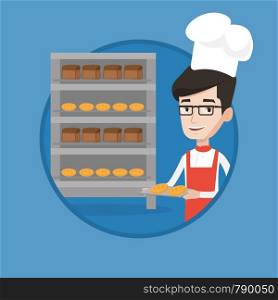 Caucasian baker holding tray of bread in the bakery. Happy baker standing near bread rack. Smiling baker holding baking tray. Vector flat design illustration in the circle isolated on background.. Happy young male baker holding tray of bread.