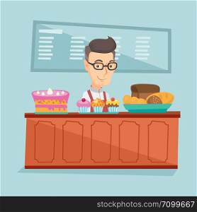 Caucasian bakery worker offering pastry. Smiling bakery worker standing behind the counter with cakes. Man working at the bakery. Vector flat design illustration. Square layout.. Worker standing behind the counter at the bakery.
