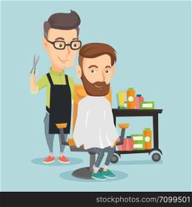 Caucasian barber cutting hair of young hipster man with beard at barbershop. Professional barber making haircut to a client with scissors at barbershop. Vector flat design illustration. Square layout.. Barber making haircut to young man.