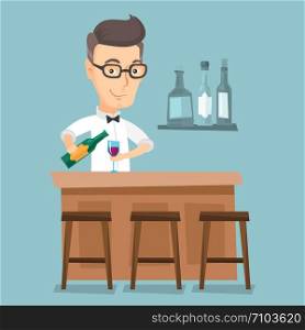 Caucasian bartender at work. Adult bartender standing at the bar counter. Bartender with bottle and glass in hands. Bartender pouring wine in a glass. Vector flat design illustration. Square layout.. Bartender standing at the bar counter.