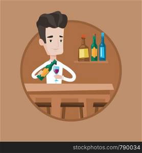 Caucasian bartender with bottle of wine and glass standing at the bar counter. Bartender at work. Bartender pouring wine in glass. Vector flat design illustration in the circle isolated on background.. Bartender standing at the bar counter.