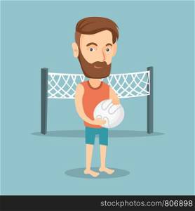 Caucasian beach volleyball player standing on the background of voleyball net. A hipster sportsman with the beard holding a volleyball ball in hands. Vector flat design illustration. Square layout.. Beach volleyball player vector illustration.